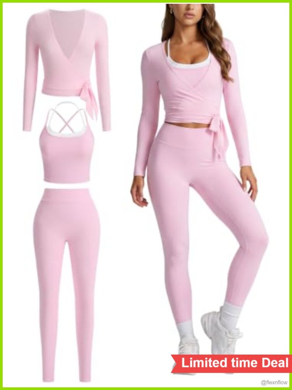 3 Piece Workout Set Crop Tank Wrap Top Leggings Yoga Gym